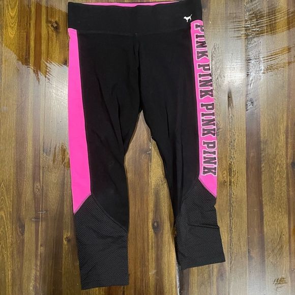 PINK Victoria's Secret Pants - Victoria's Secret PINK Black Cropped Leggings Pink Side Stripe